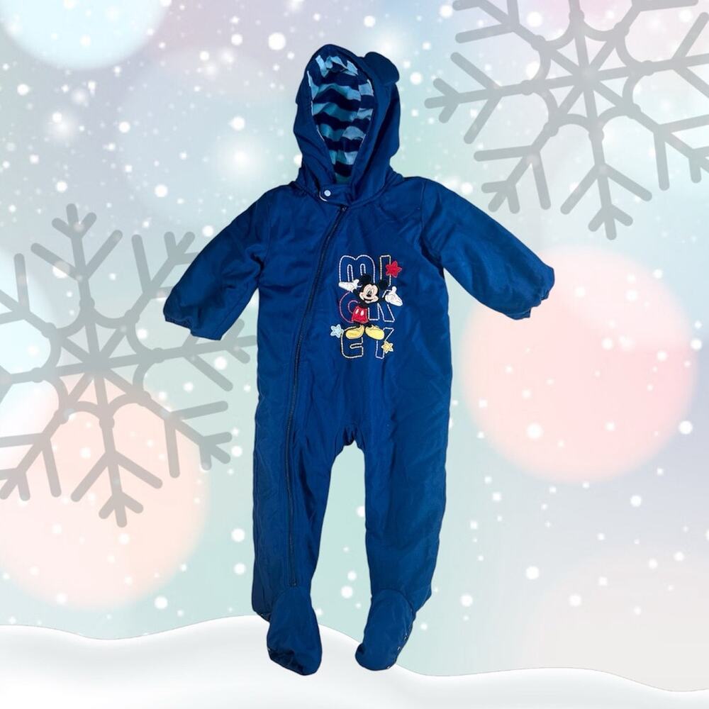 Disney Store 18-24 Months Blue Mickey Mouse One Piece Snowsuit Patches Stitching